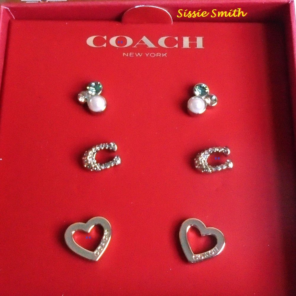 Coach Box Set of Signature Stone Cluster & Heart Earrings Set